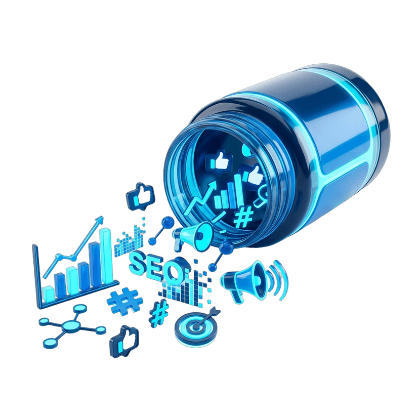 Glowing prescription bottle spilling out digital marketing icons