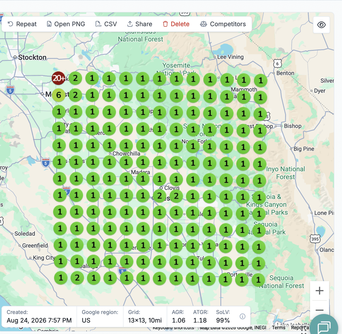 Local ranking grid after: almost every point on the same 13 by 13 grid is green at position 1, with two points at position 2.