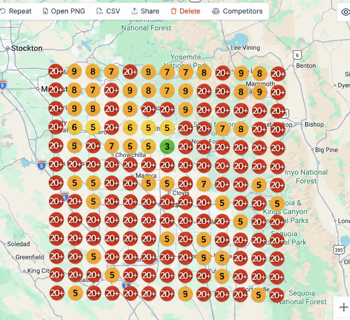 Local ranking grid before: almost every point on the 13 by 13 grid is red at position 20 or worse, with a scattering of amber points in single digits.